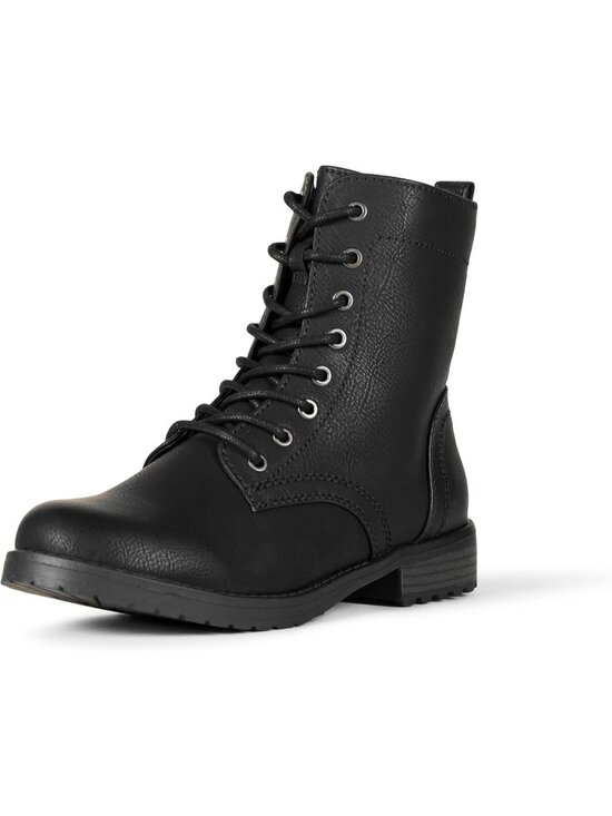 Shoes - Women's Black Lace Up Combat Side Zipper Lug Sole Faux Leather Ankle Boots